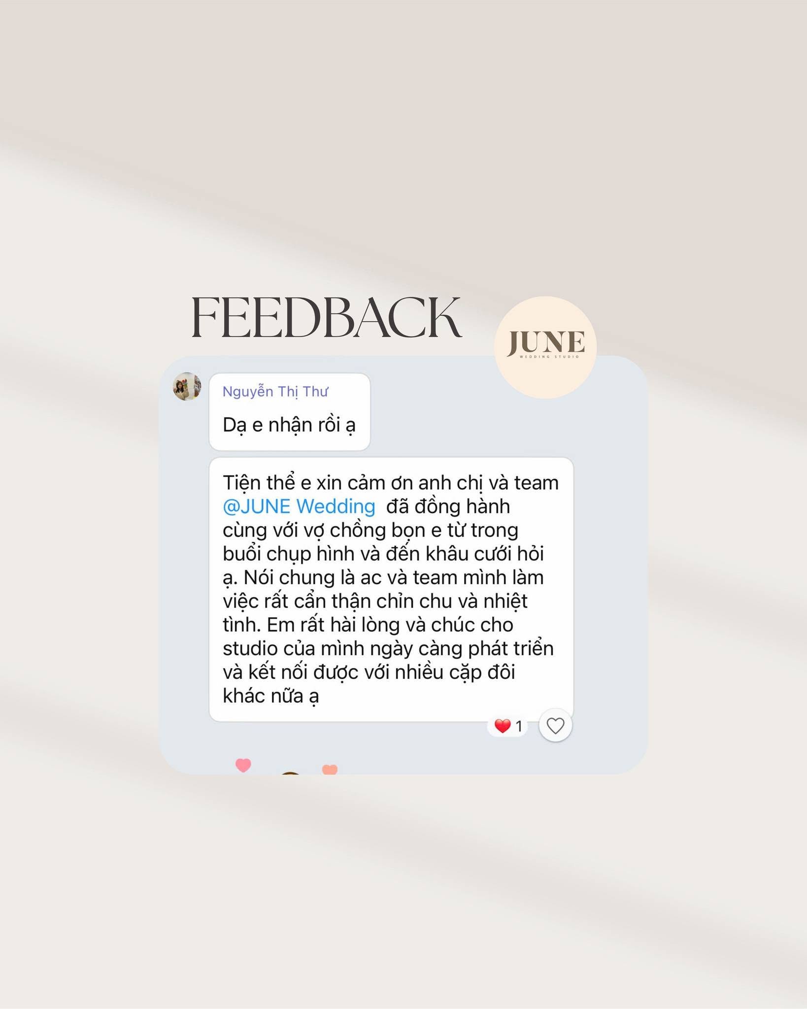 Feedback từ cô dâu Nguyễn Thị Thư gửi JUNE Wedding Studio