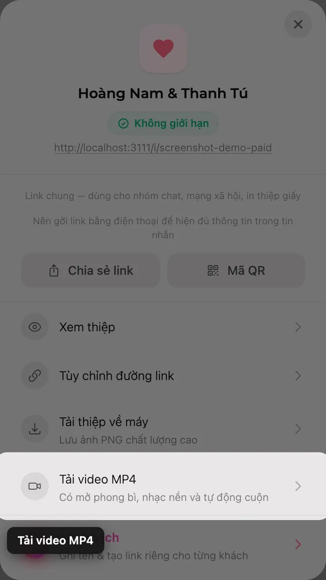 Nút tải video MP4 trong bảng Chia sẻ