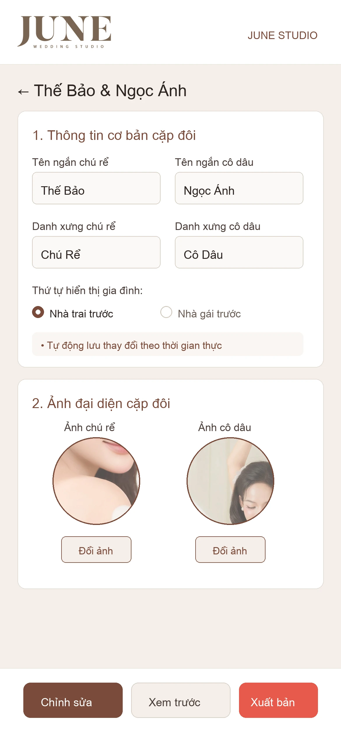 Giao diện chỉnh sửa thiệp cưới trực quan JUNE Wedding