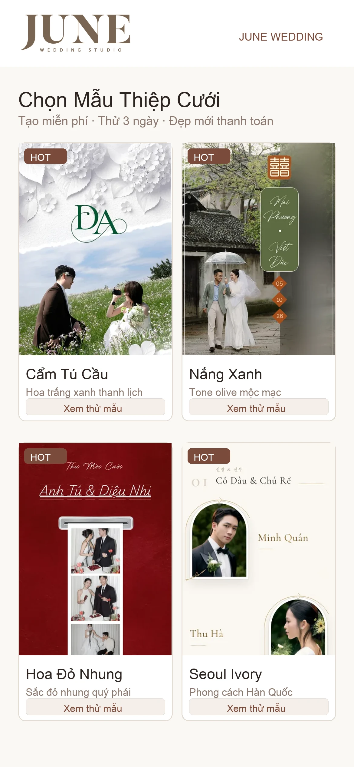 Chọn mẫu thiệp cưới online trên JUNE Wedding Studio