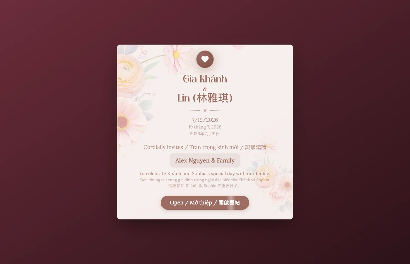 Phong bì thiệp cưới đa ngôn ngữ có tên khách mời