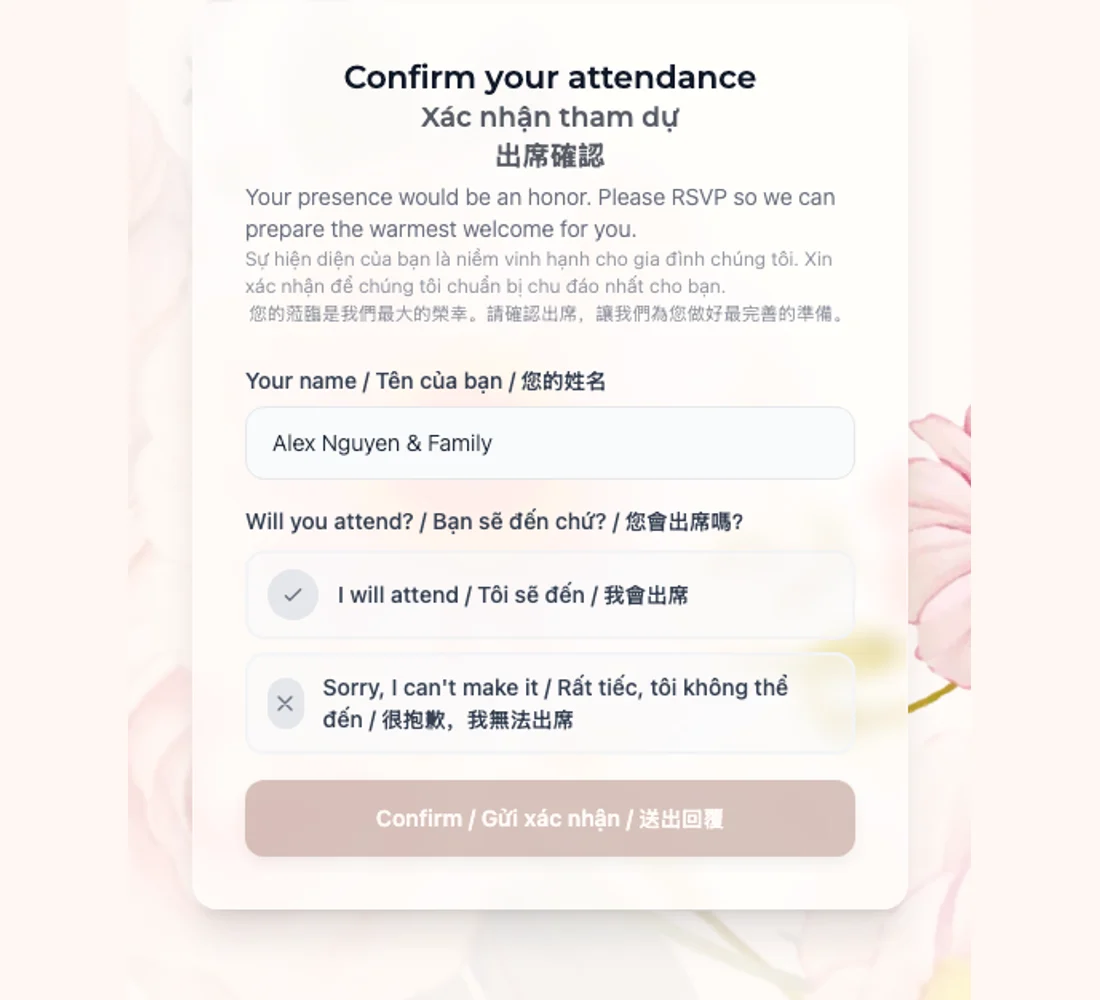 Form RSVP đa ngôn ngữ trong cùng một thiệp cưới online