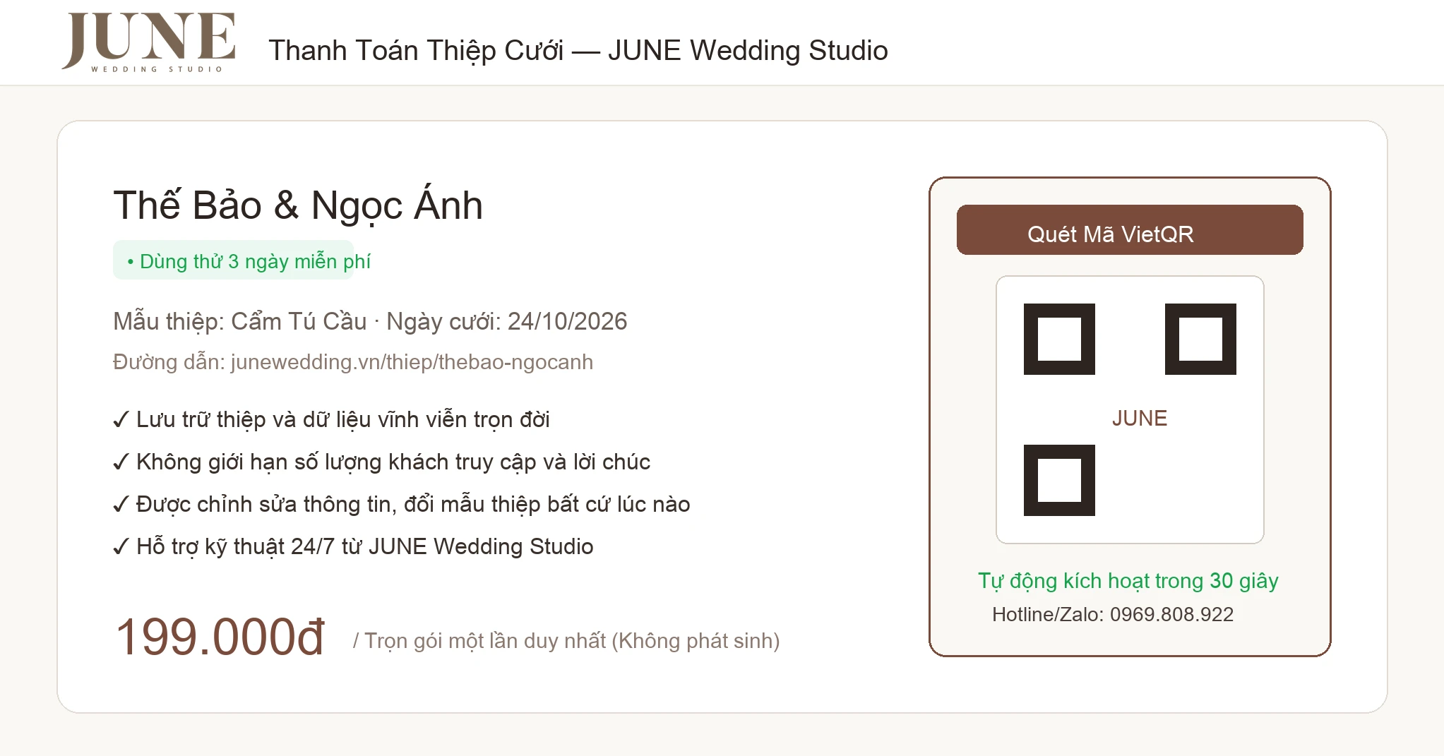 Thanh toán thiệp cưới online tự động kích hoạt